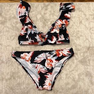 Black and floral ruffle bikini